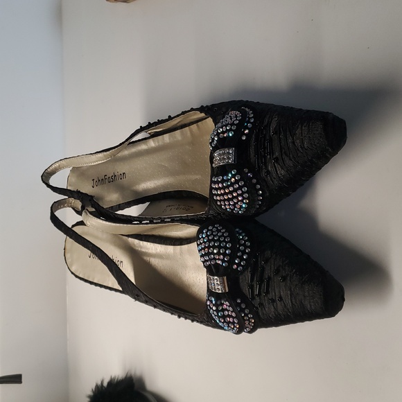 John Fashion Women's Black Beaded High Heel Sling Back Pointy Toe Shoes Size 12 - Picture 3 of 6